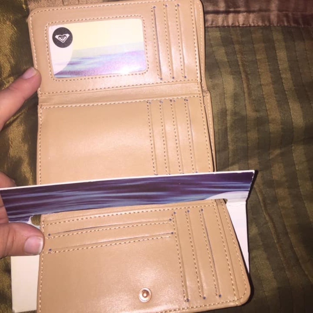 Tan Roxy Trifold Wallet w/ rose gold accents